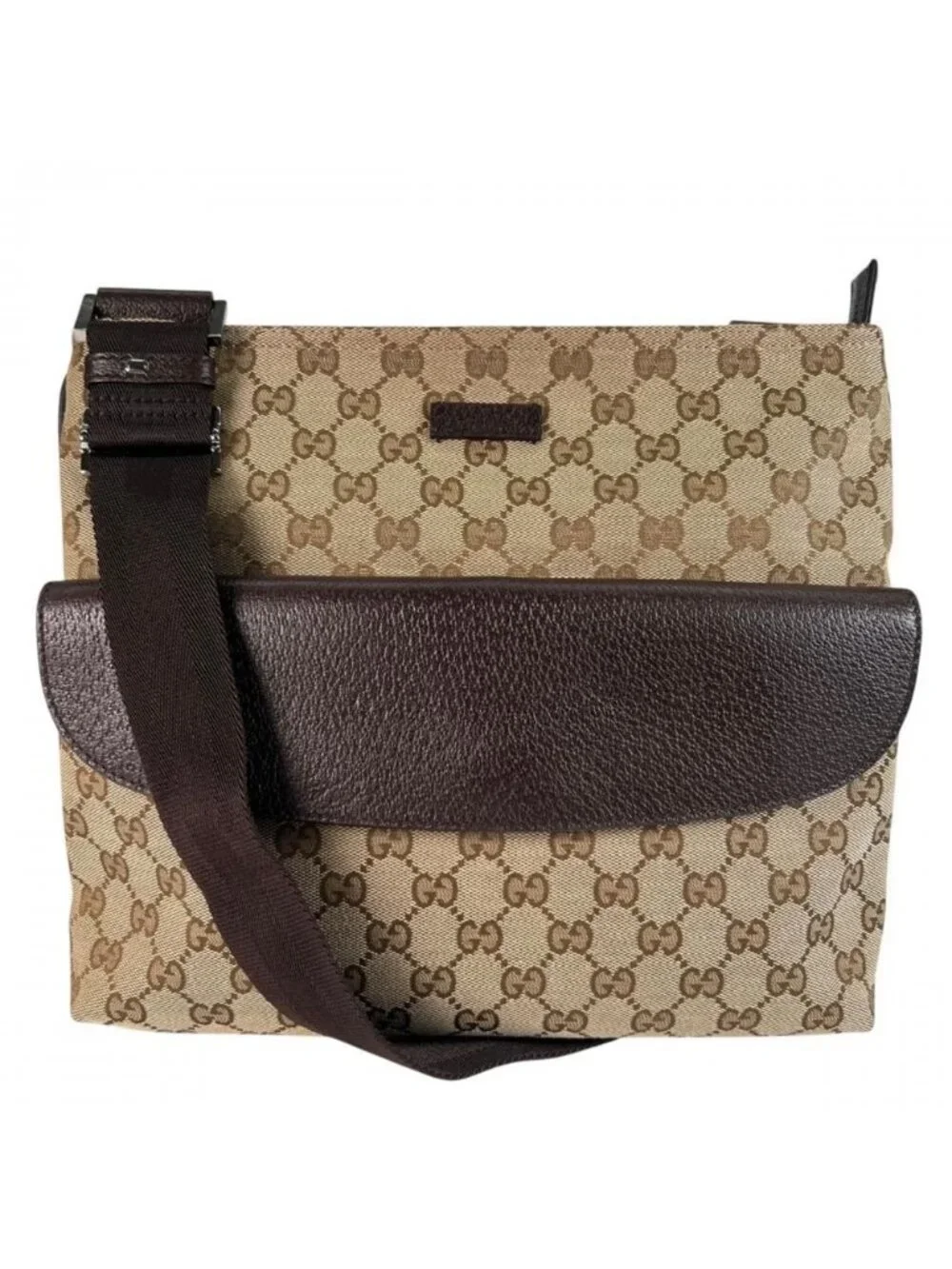 Gucci Shoulder Bag Crossbody GG Canvas Leather Brown Silver